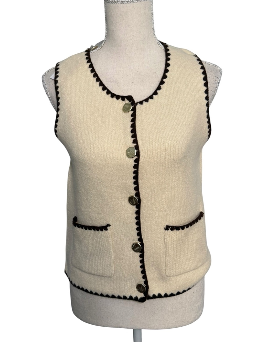 Song of Style Aimee Song Cream Scallop Trim Knit Vest Gold Button ST23694 Medium